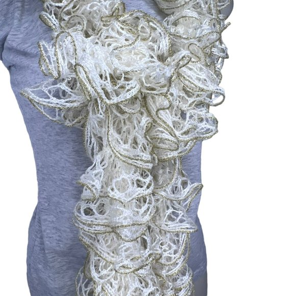 Vintage Cream and Gold Handmade Scarf Descending Scallops Crochet 80 in - Picture 5 of 5